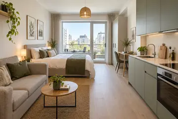 Studio with a kitchenette and a sleeping area
